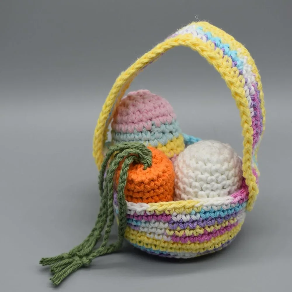 Hand Crafted Crochet Kitty Cat Easter Basket with Three Catnip Toys